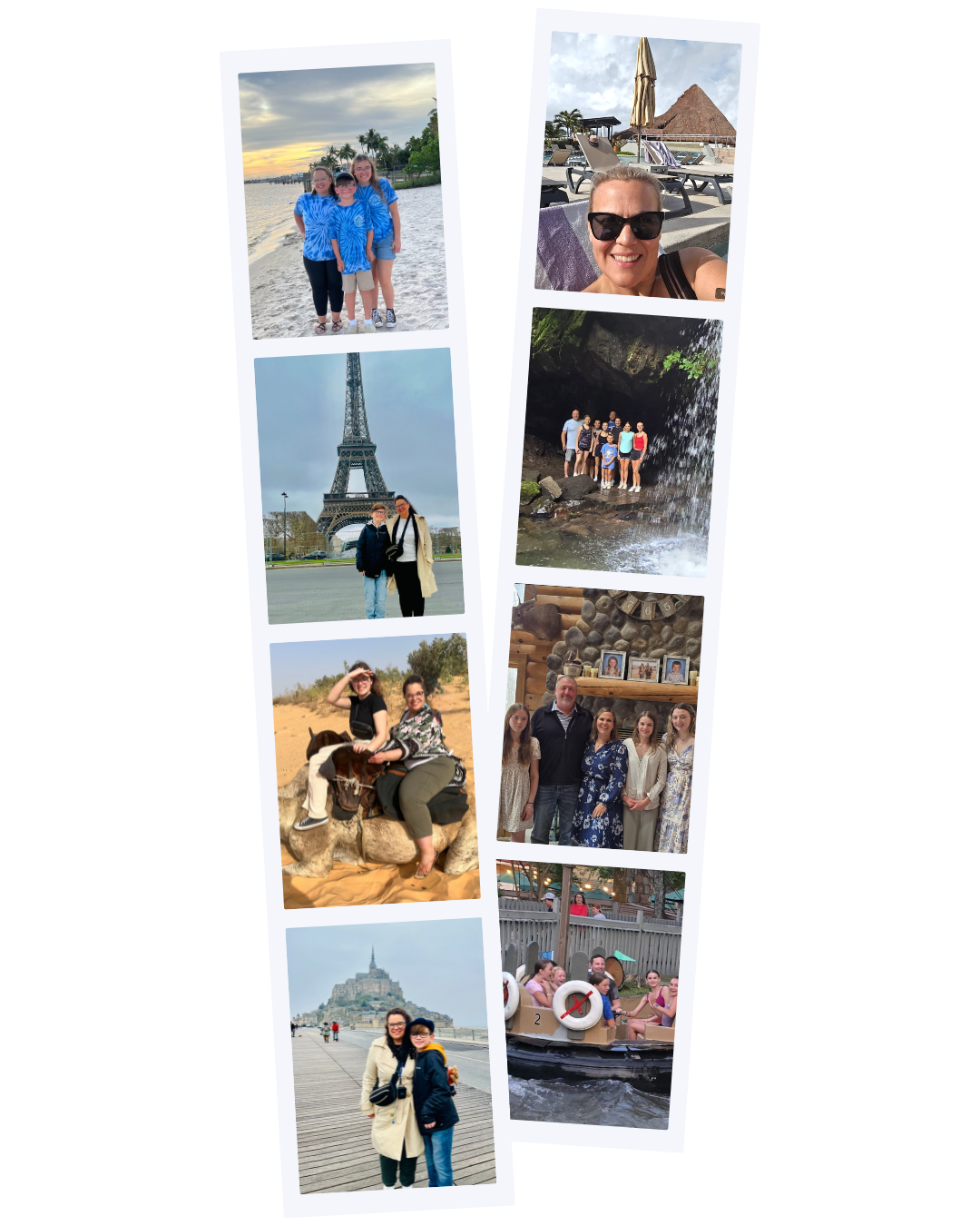 Collage of travel and family photos in different locations.