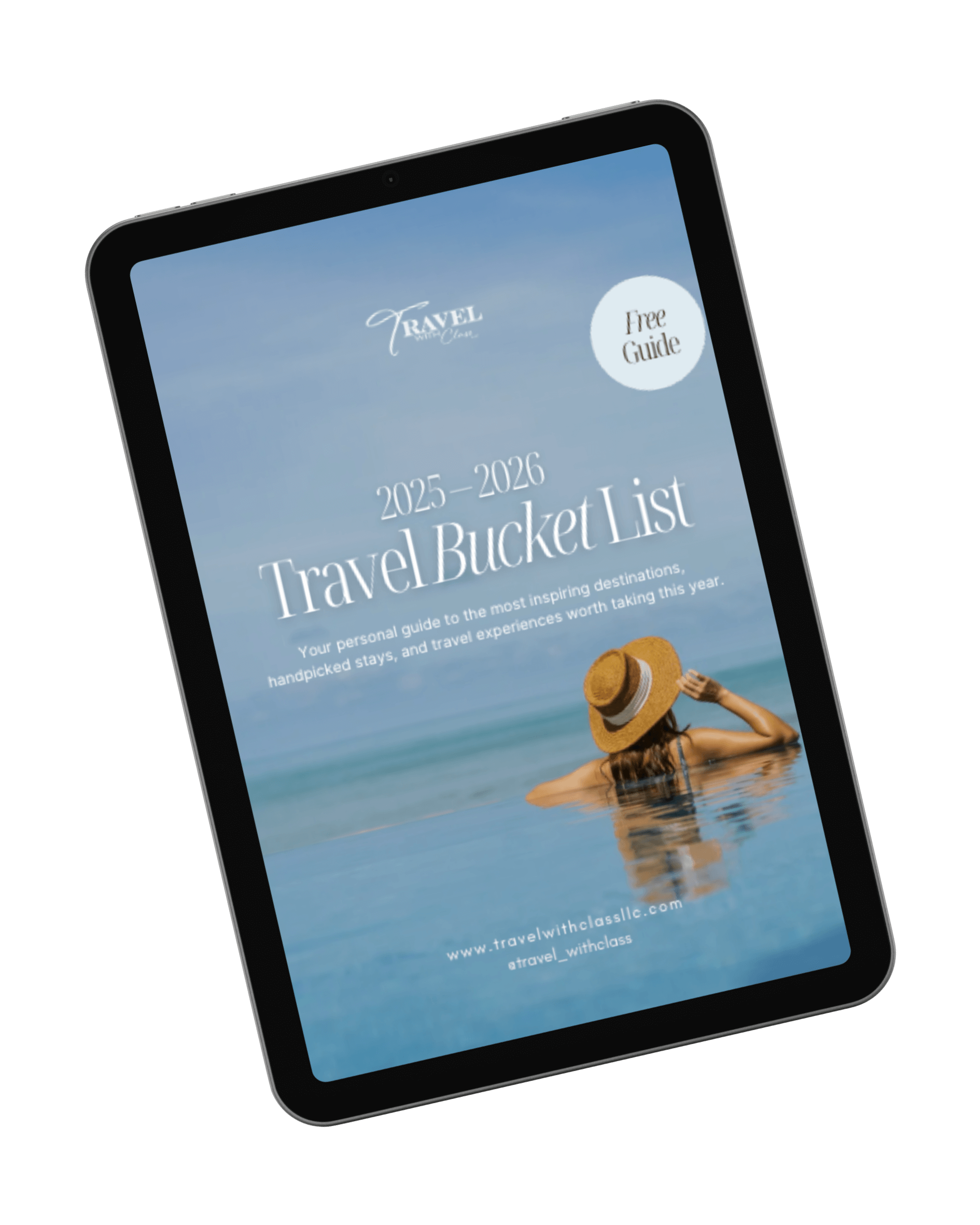 Tablet displaying 2025-2026 Travel Bucket List Guide.