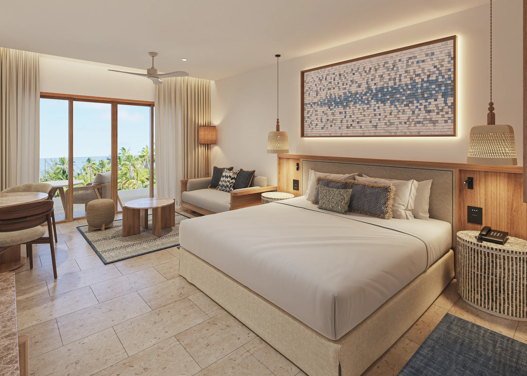 Luxury hotel room with ocean view balcony.