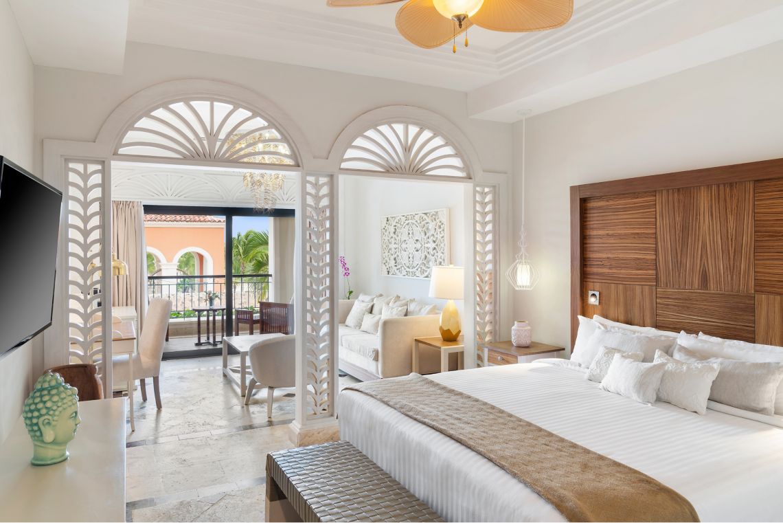 Elegant hotel room with balcony view