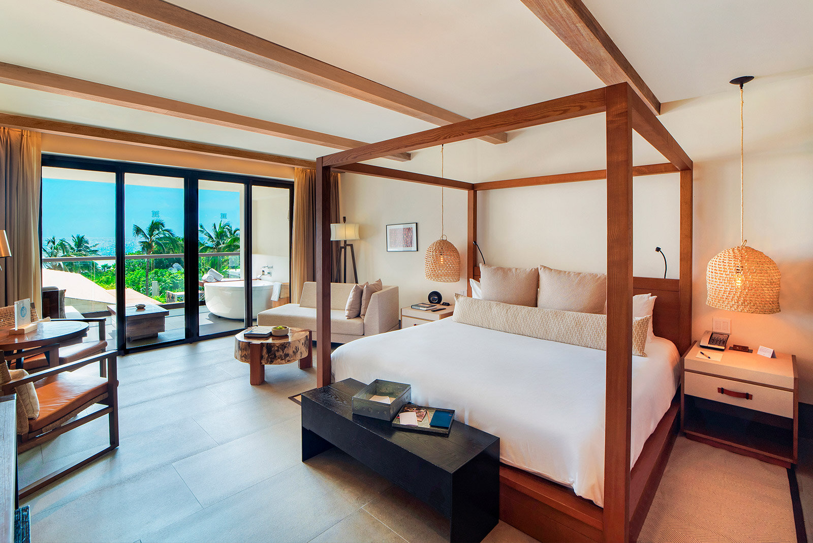 Luxury hotel room with ocean view balcony