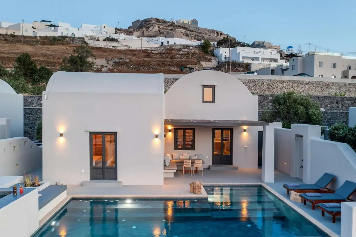 North Villa exterior at dusk with its private pool